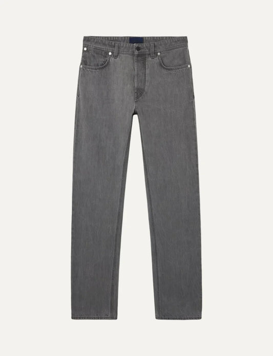 Stone Island men's light grey washed denim jeans with regular straight fit, five-pocket design and faded finish.