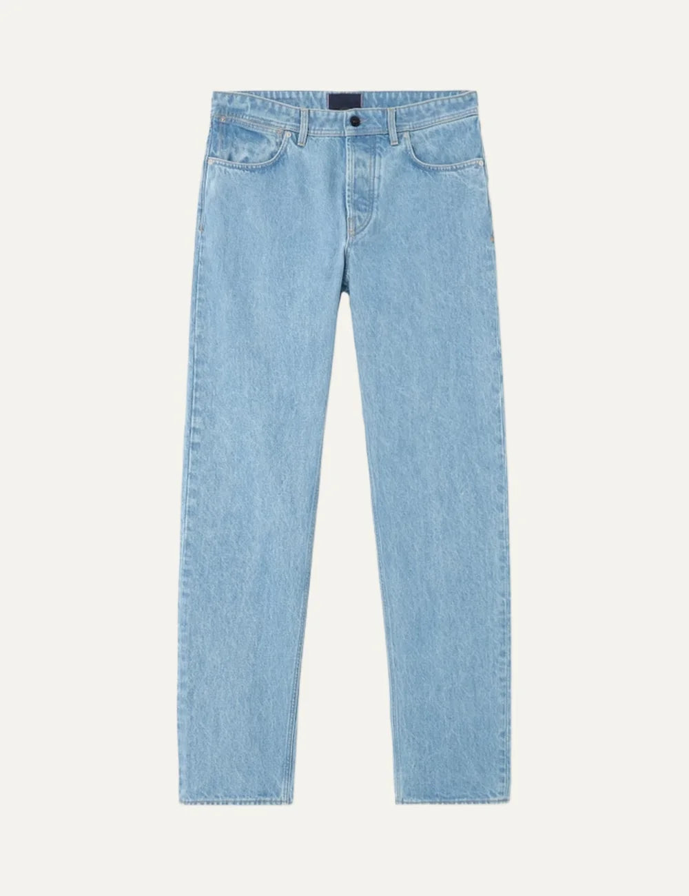 Stone Island men's light blue regular straight fit jeans with grainy stone-washed finish and classic five-pocket design.