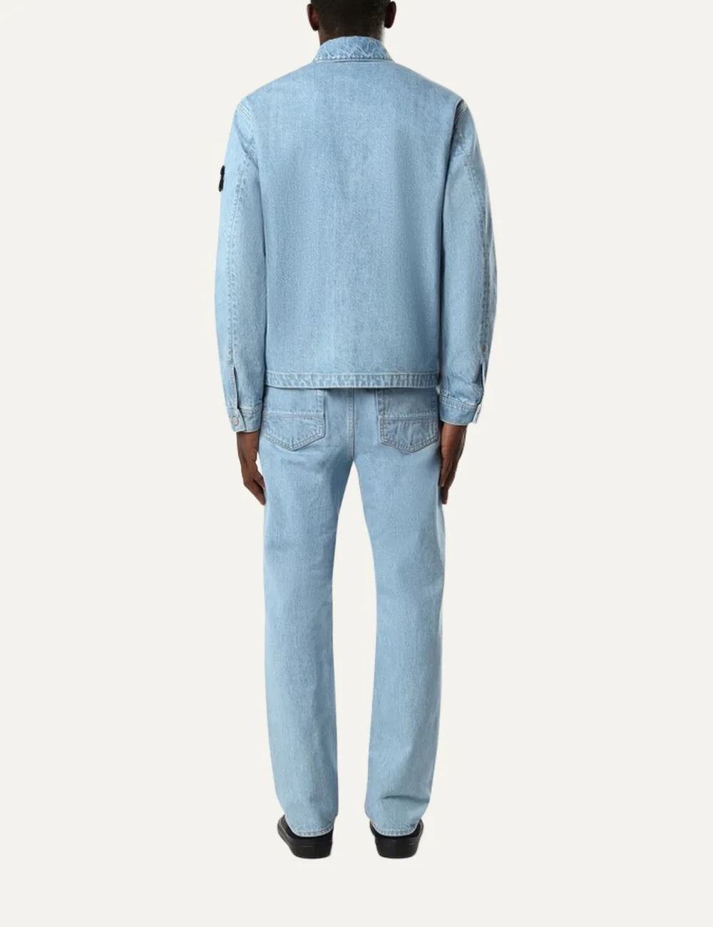 Stone Island men's light blue regular straight fit jeans with grainy stone-washed finish and classic five-pocket design back
