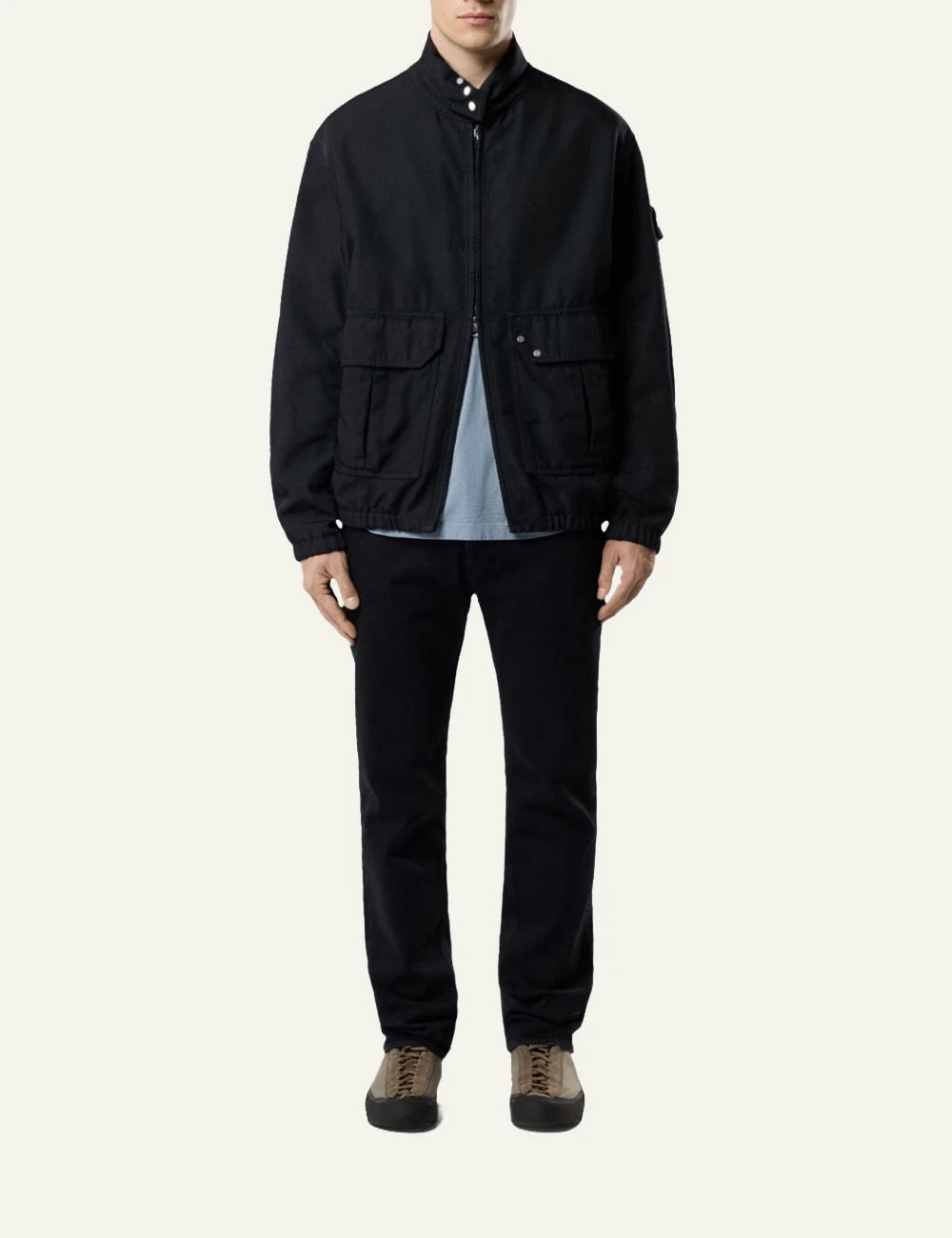 Men's Stone Island black stretch denim jeans with five-pocket design full body