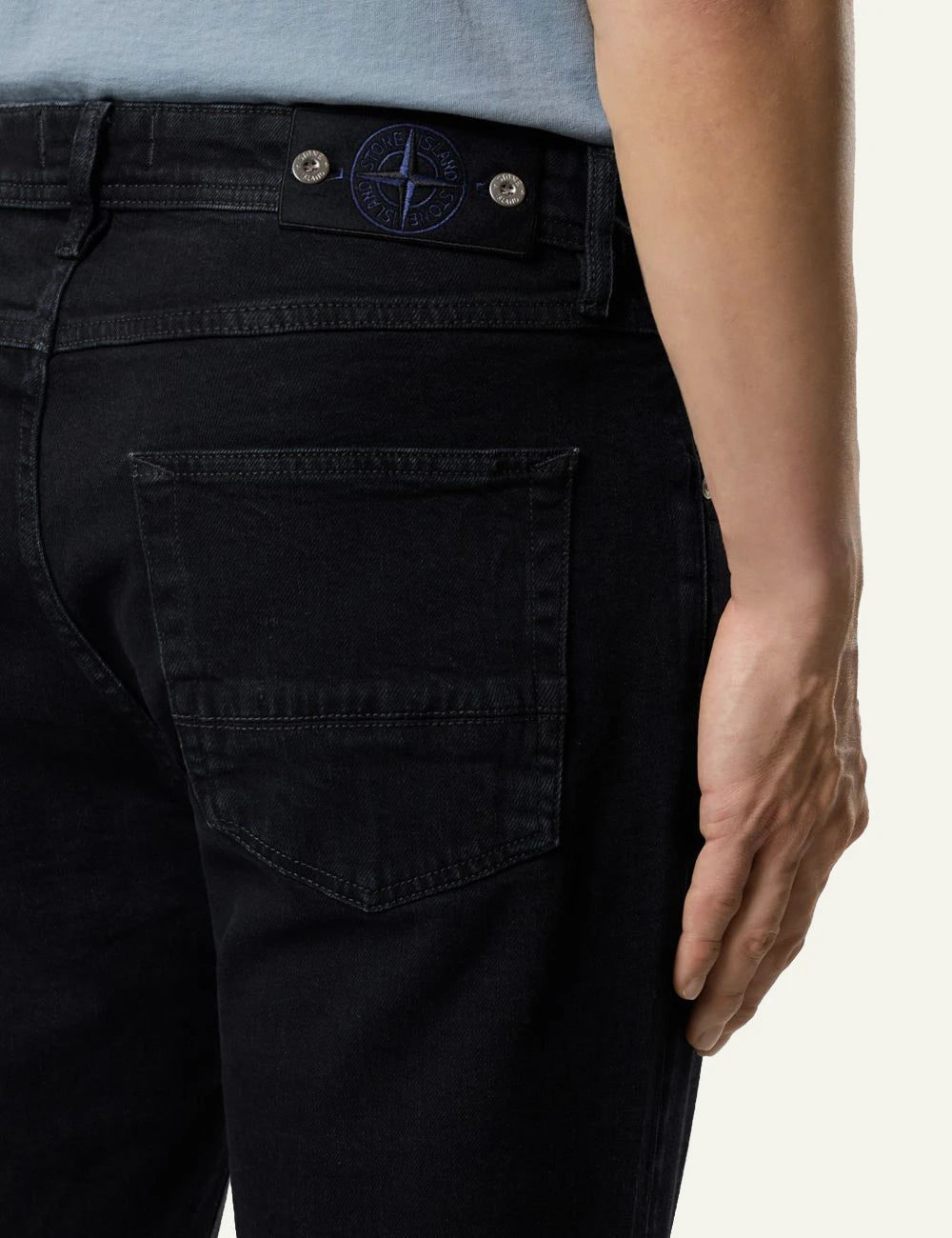 Men's Stone Island black stretch denim jeans with five-pocket design back
