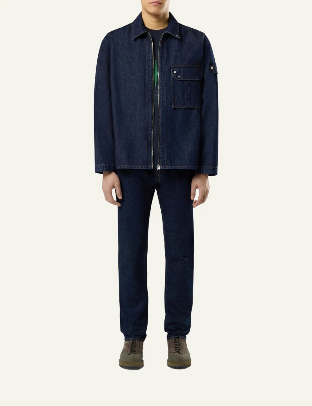 Men's Stone Island dark blue stretch indigo denim jeans with five-pocket design full body