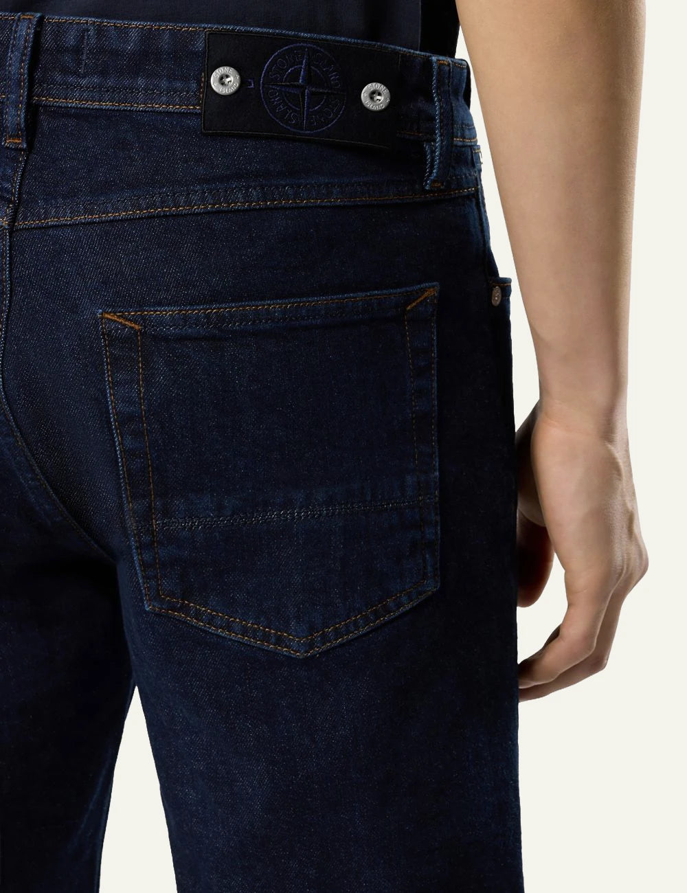 Men's Stone Island dark blue stretch indigo denim jeans with five-pocket design back pocket
