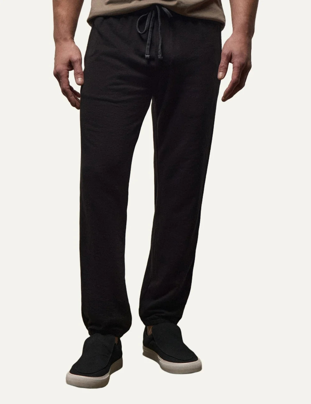 James Perse men's black cotton relaxed fit sweatpants model