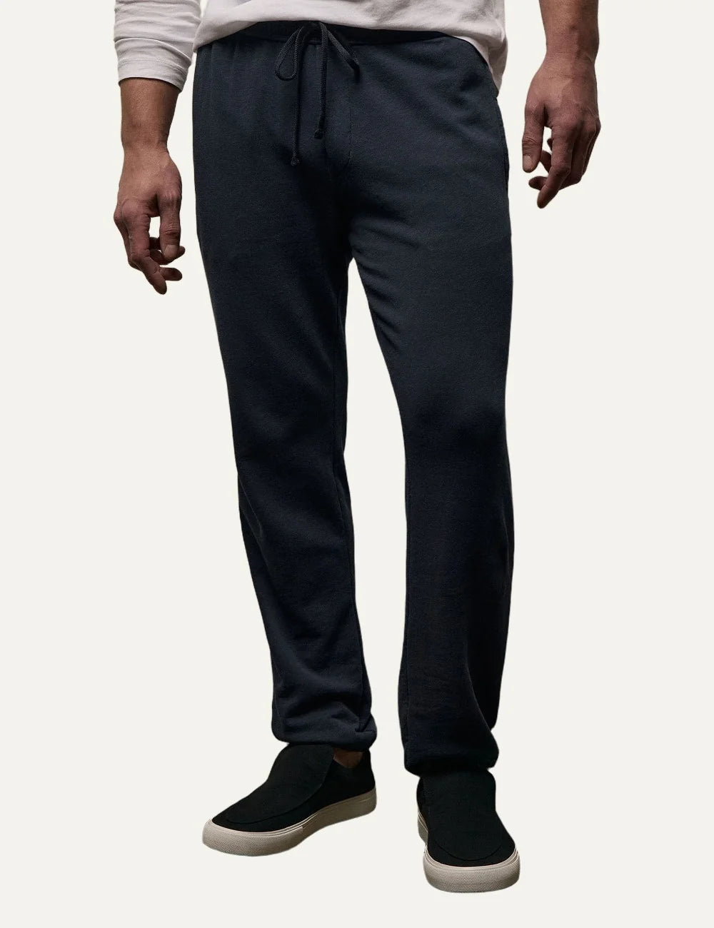 James Perse men's dark blue cotton relaxed fit sweatpants model