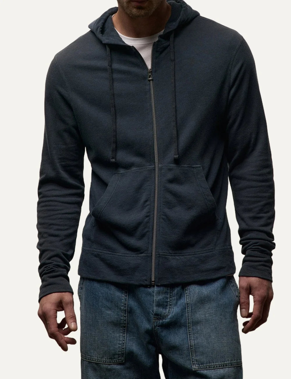 James Perse men's dark blue cotton zip-up hoodie model