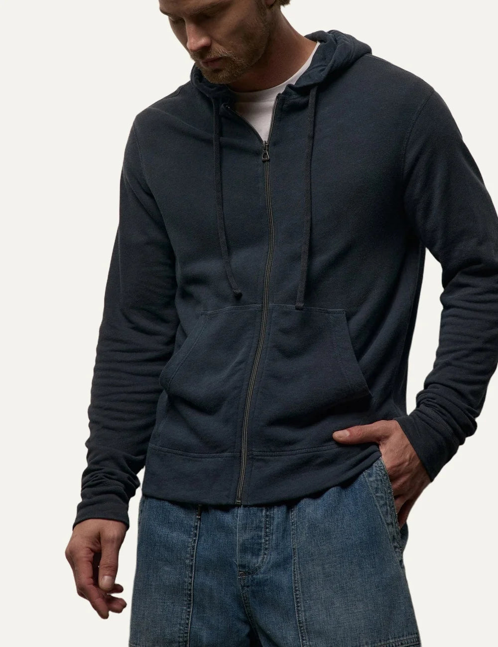 James Perse men's dark blue cotton zip-up hoodie side