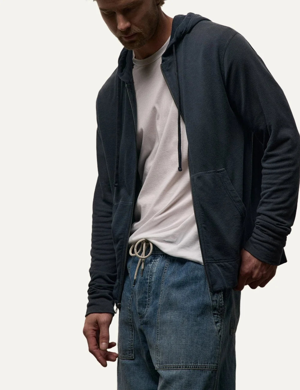 James Perse men's dark blue cotton zip-up hoodie detail