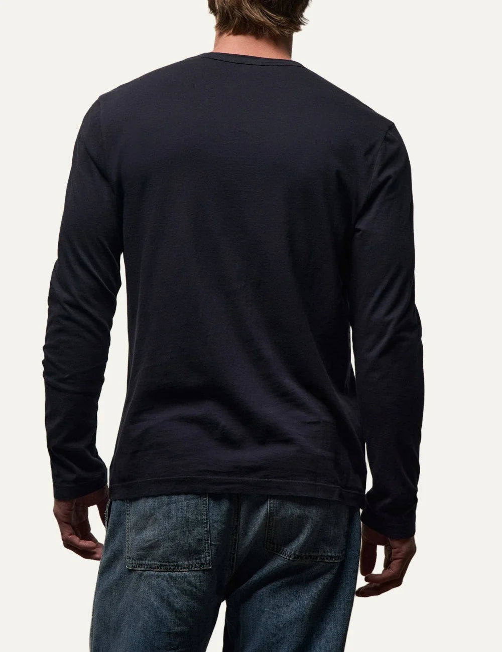 James Perse men's dark navy cotton jersey long sleeve crewneck shirt back