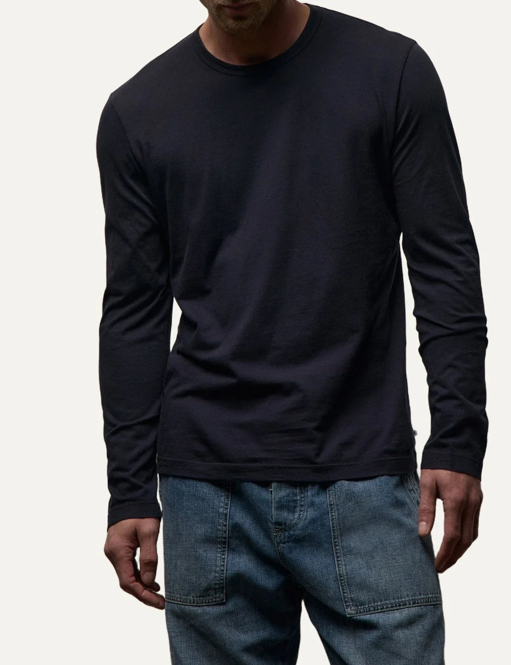 James Perse men's dark navy cotton jersey long sleeve crewneck shirt model