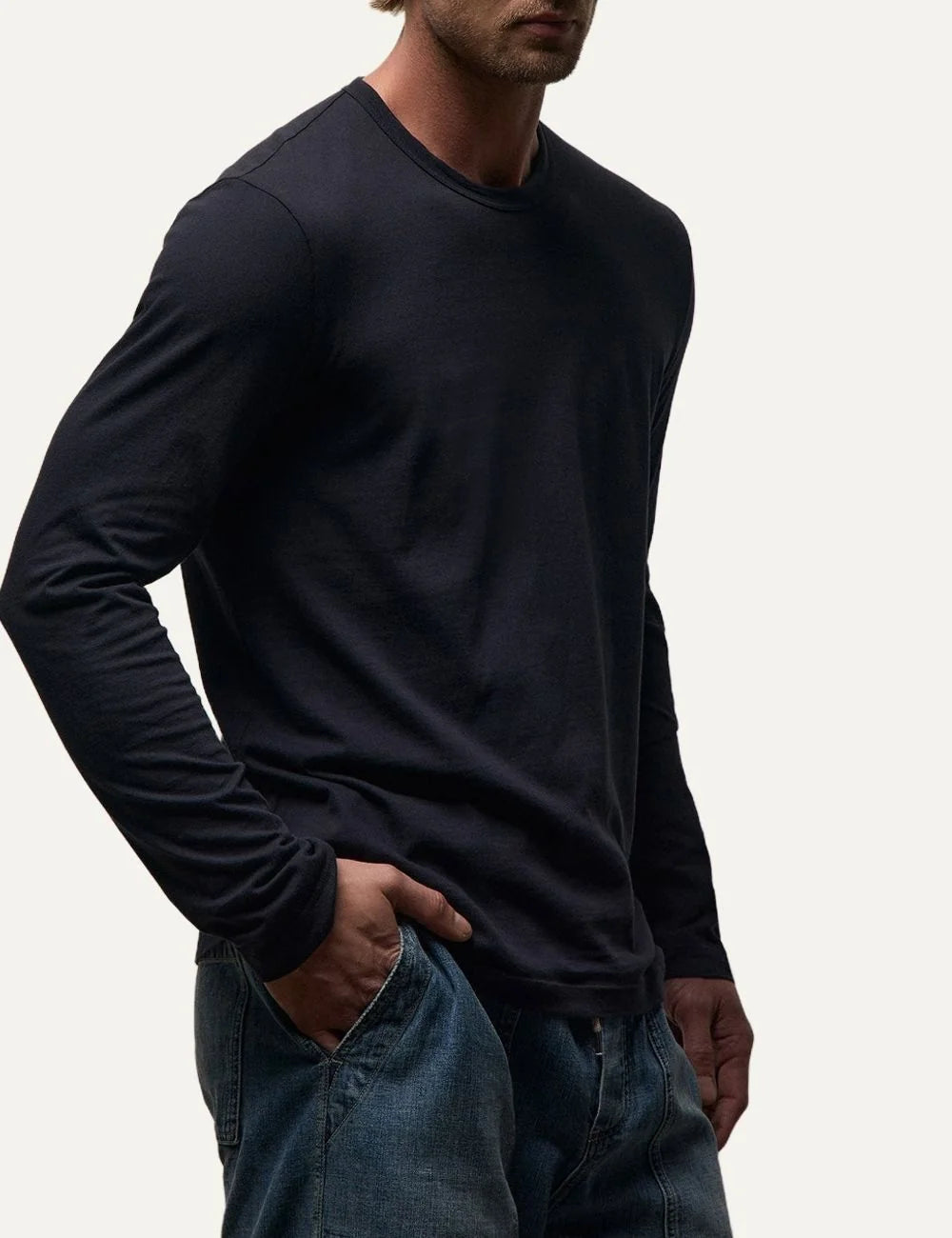 James Perse men's dark navy cotton jersey long sleeve crewneck shirt side