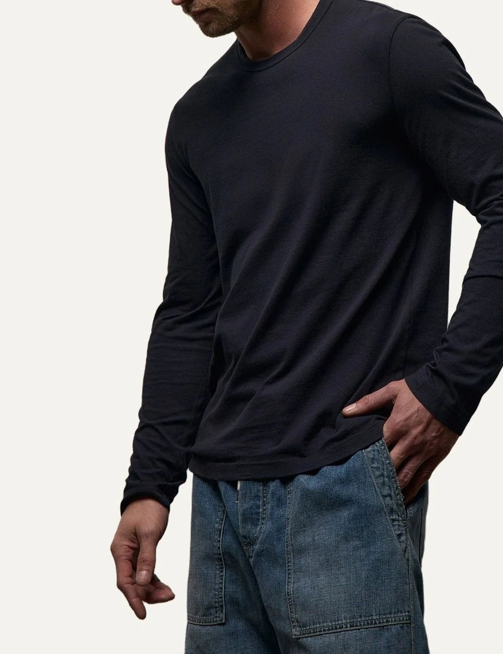 James Perse men's dark navy cotton jersey long sleeve crewneck shirt detail