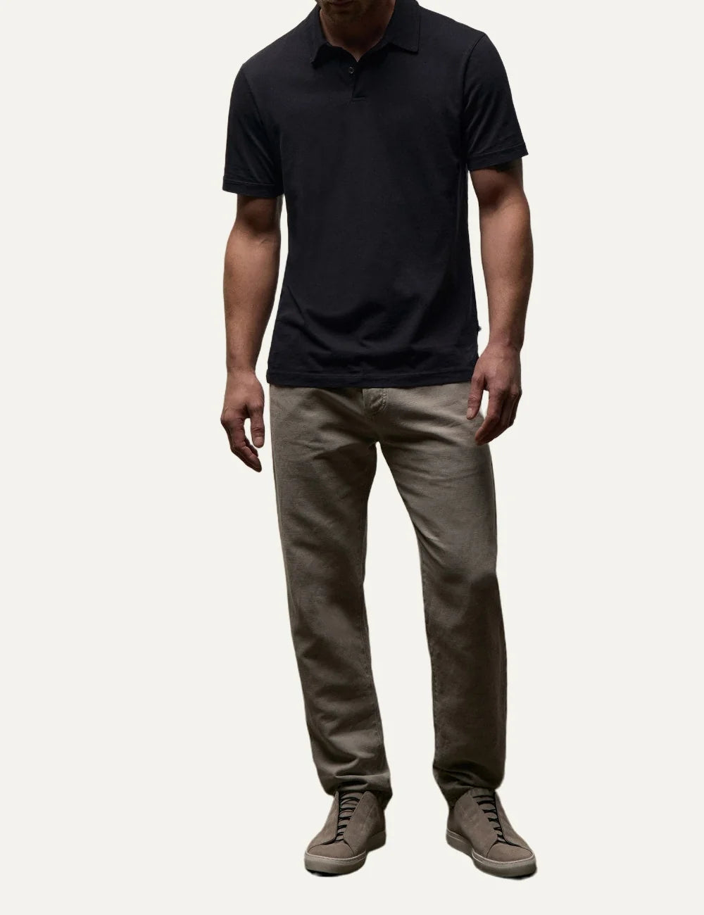 James Perse men's dark navy cotton short sleeve polo shirt full body