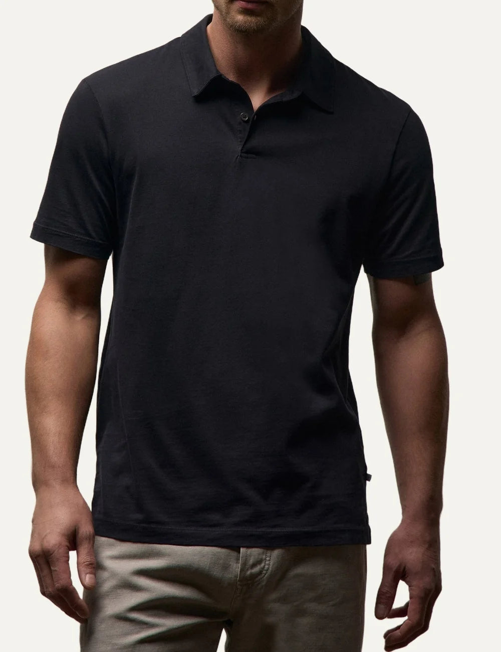 James Perse men's dark navy cotton short sleeve polo shirt model