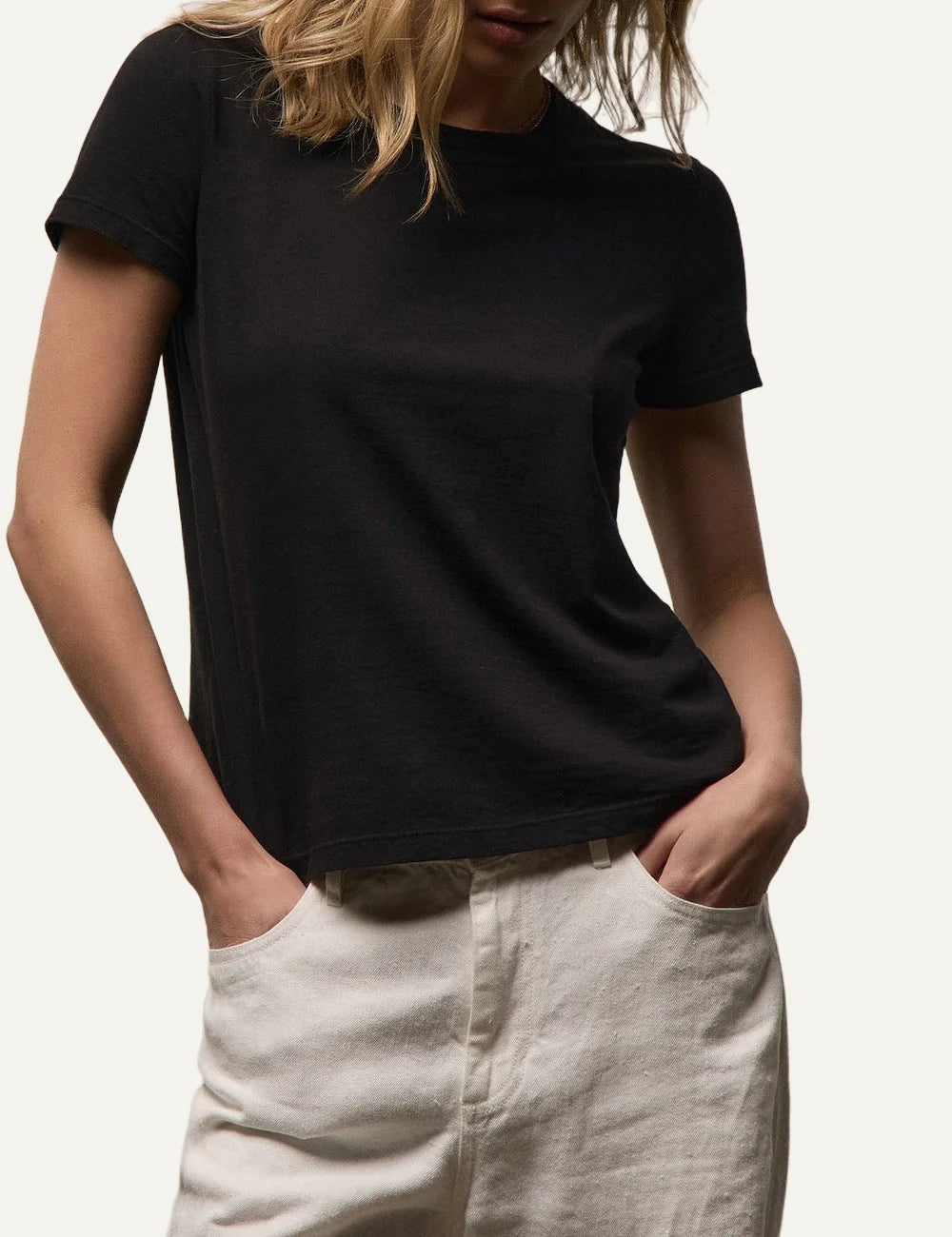 James Perse women's black cotton short sleeve crewneck T-shirt detail
