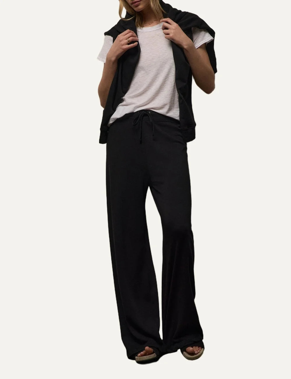 James Perse women's black cotton wide leg sweatpants full body