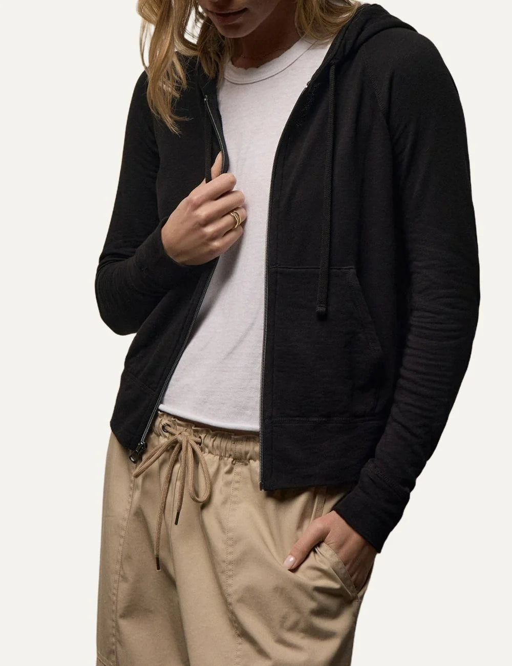 James Perse women's black cotton zip-up hoodie model
