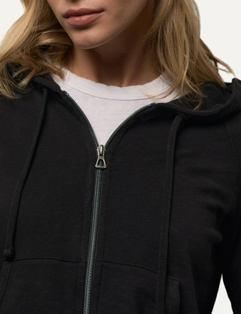 James Perse women's black cotton zip-up hoodie detail