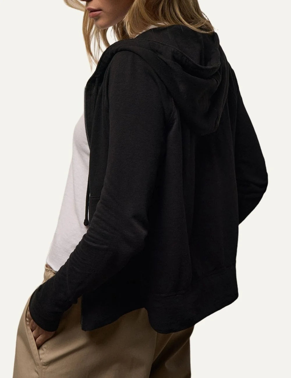 James Perse women's black cotton zip-up hoodie side