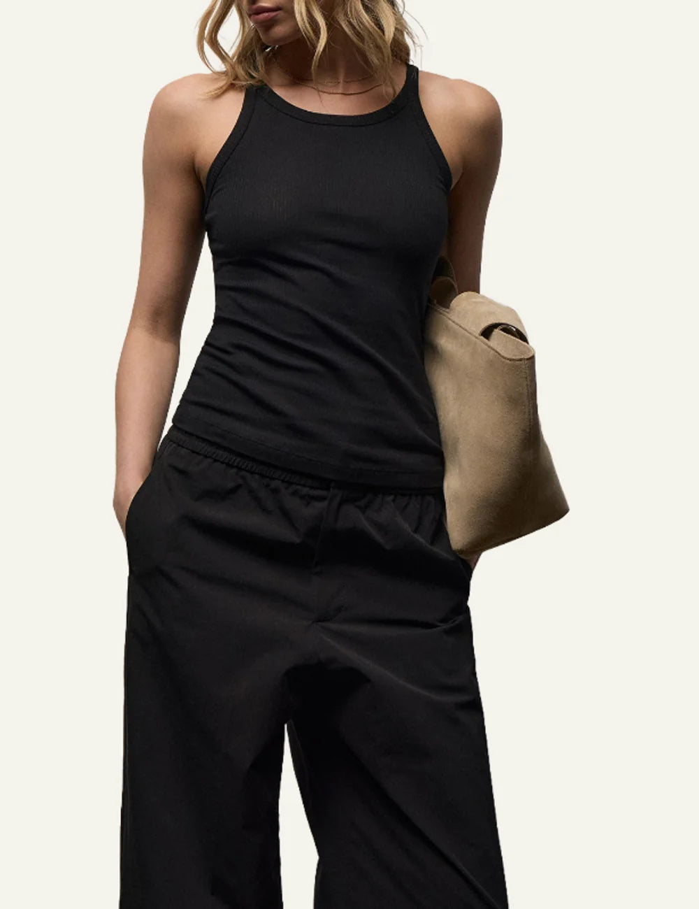 James Perse women's black ribbed cotton blend tank top model