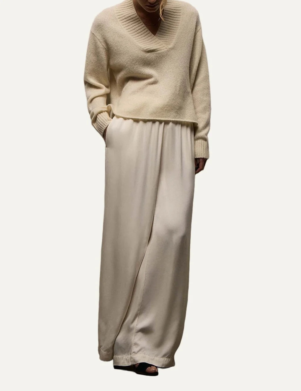 James Perse women's ivory cashmere V-neck sweater full body