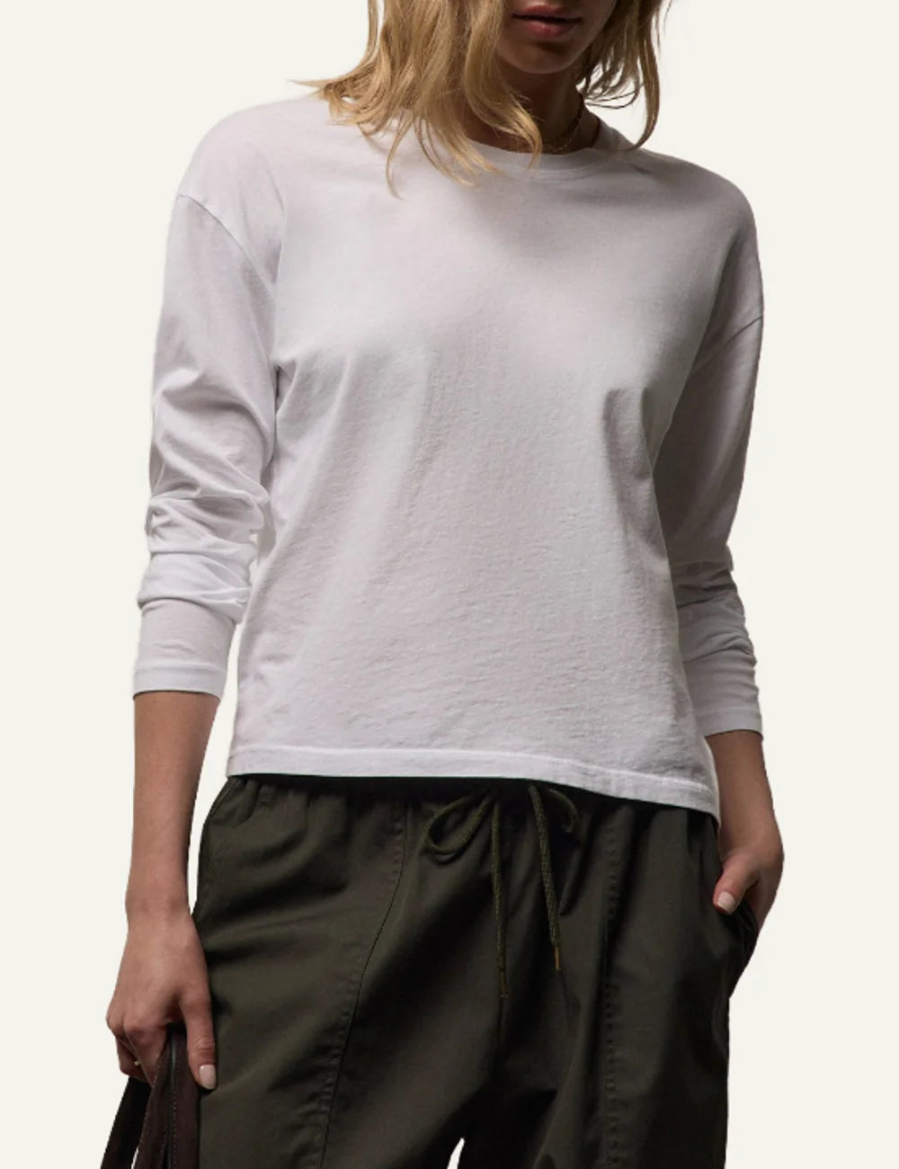 James Perse women's white cotton long sleeve crewneck top detail