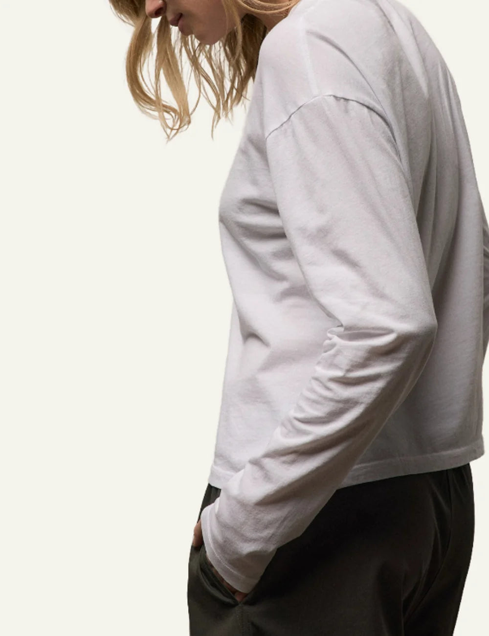 James Perse women's white cotton long sleeve crewneck top side
