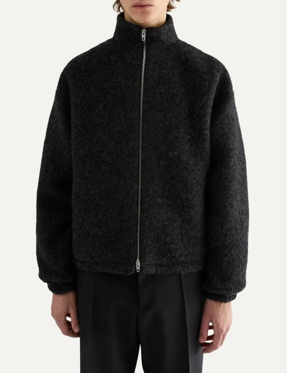 Jil Sander Men’s Charcoal Wool Fleece Zip-Up Jacket model