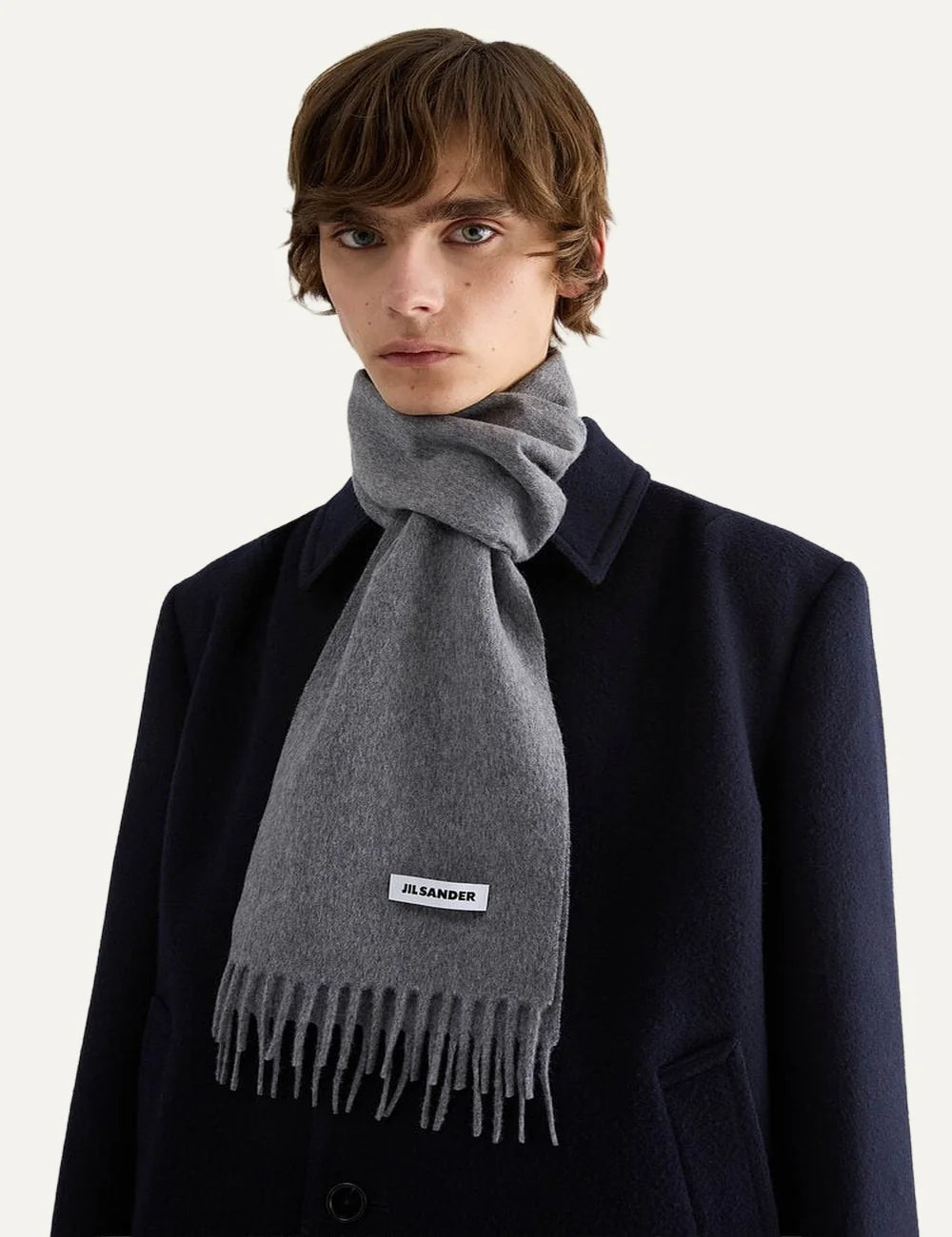 Jil Sander Men’s Grey Virgin Wool Fringed Scarf full body