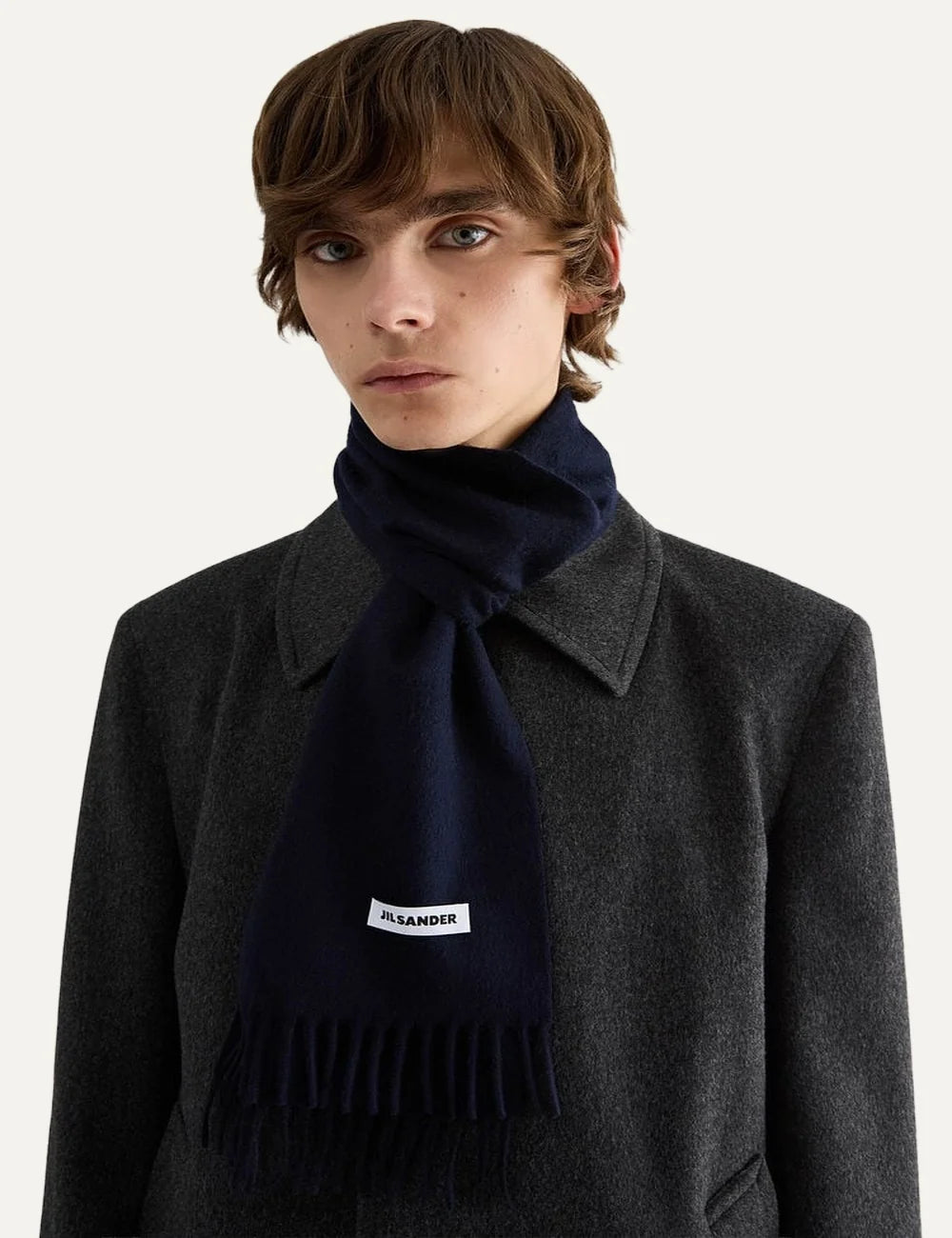 Jil Sander Men’s Navy Virgin Wool Fringed Scarf model