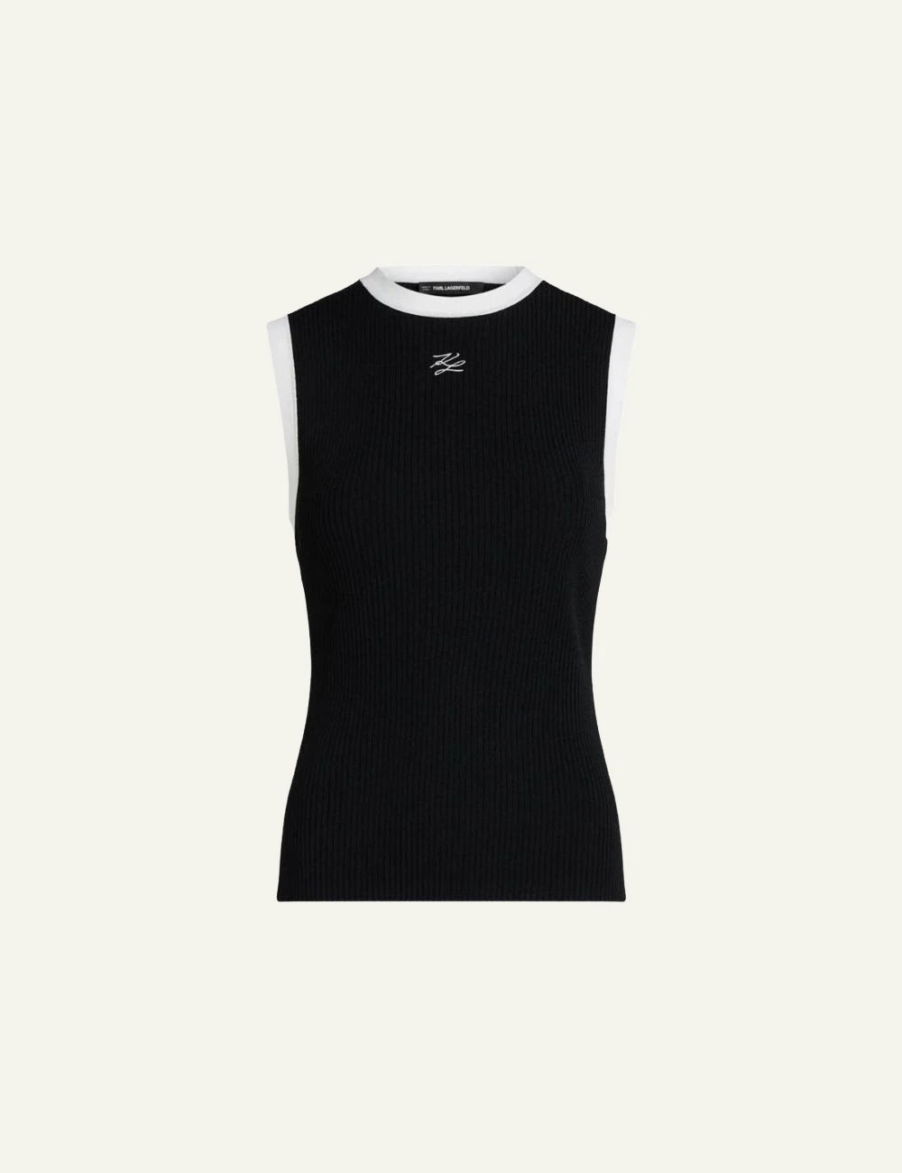Karl Lagerfeld black rib knit sleeveless top with contrast trim and embroidered logo