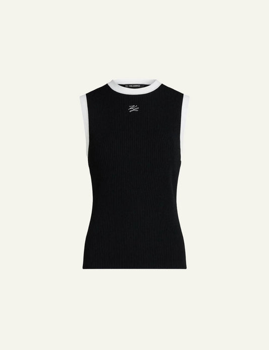 Karl Lagerfeld black rib knit sleeveless top with contrast trim and embroidered logo