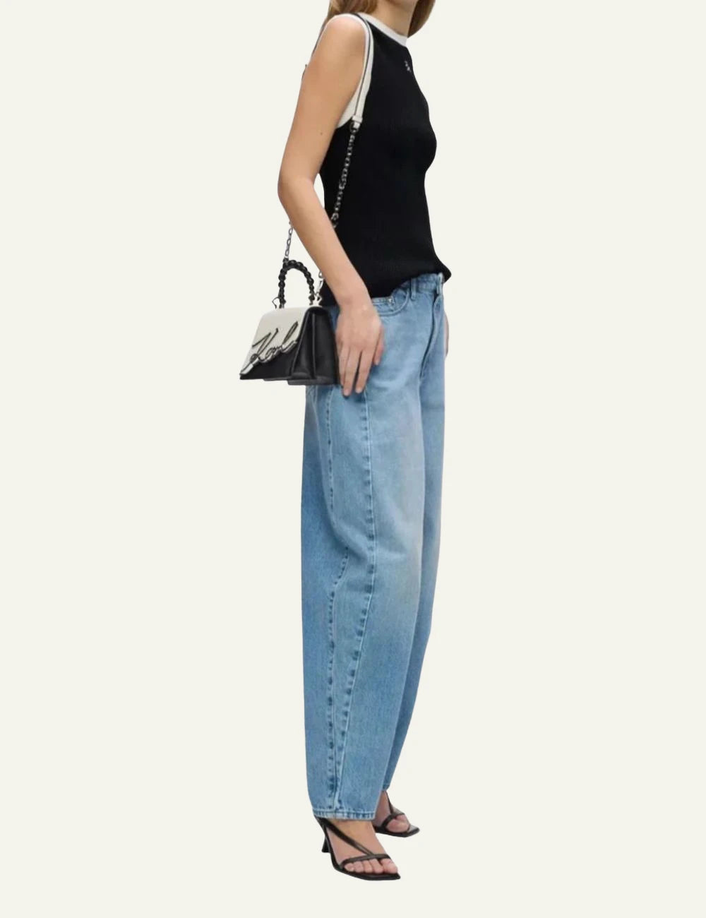 Karl Lagerfeld black rib knit sleeveless top with contrast trim and embroidered logo full body