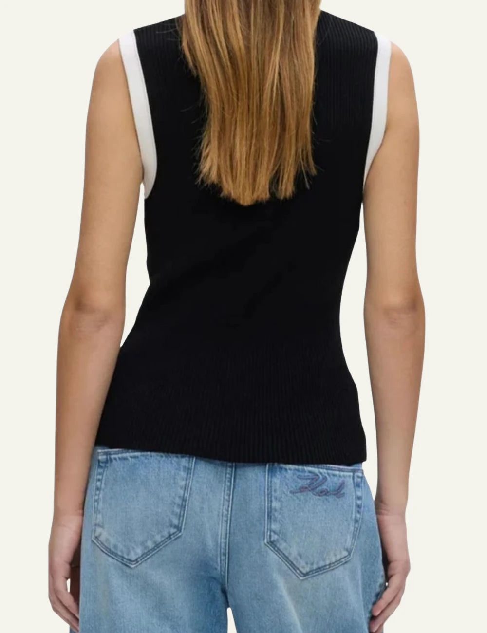 Karl Lagerfeld black rib knit sleeveless top with contrast trim and embroidered logo back
