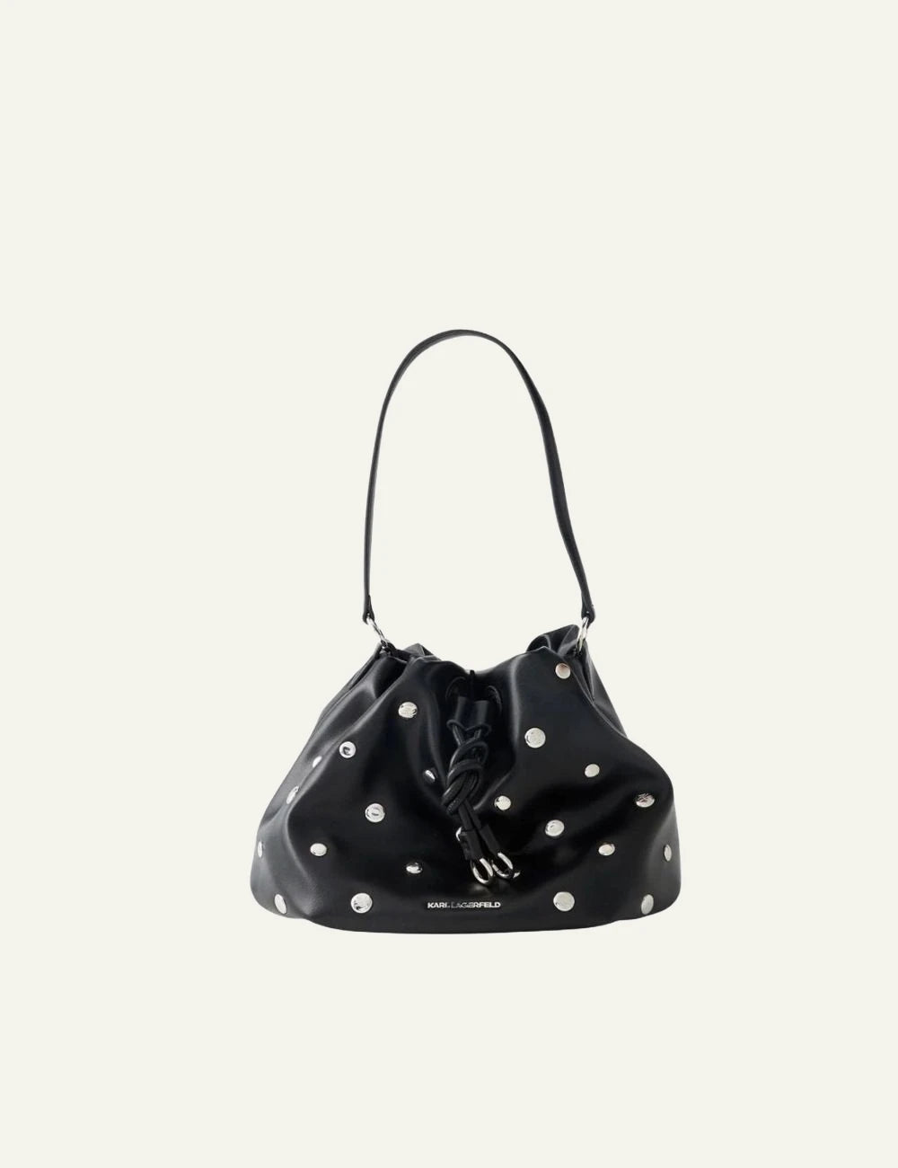 Karl Lagerfeld black studded bucket shoulder bag with drawstring closure