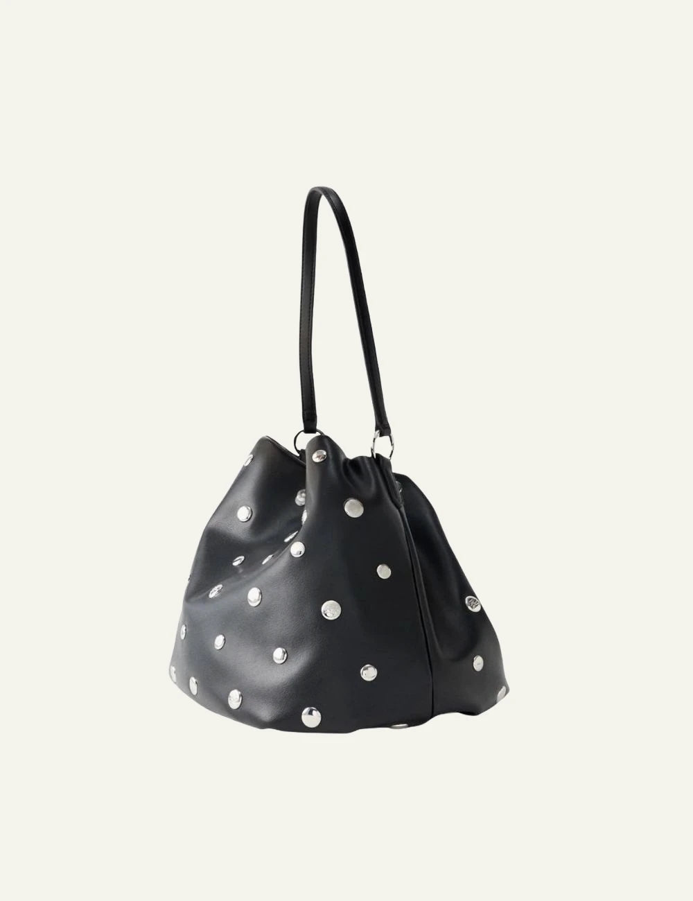 Karl Lagerfeld black studded bucket shoulder bag with drawstring closure side