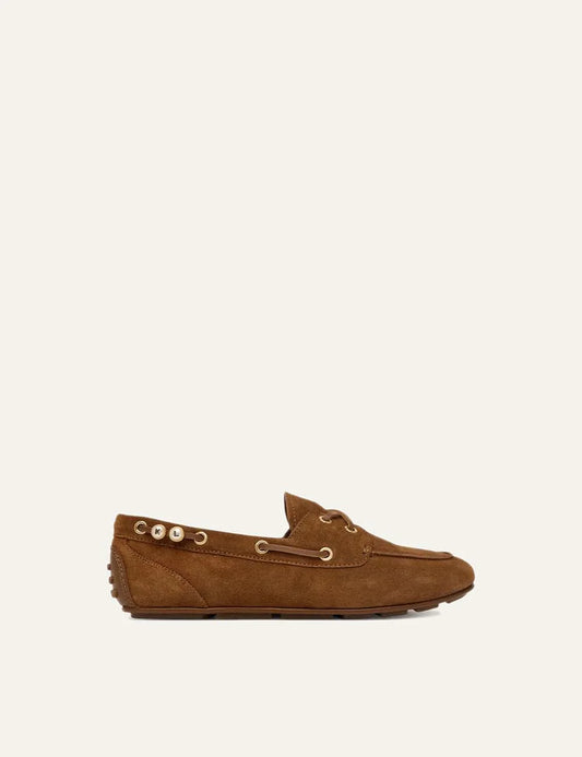 Karl Lagerfeld women mid brown suede loafers with gold tone metal details and laces
