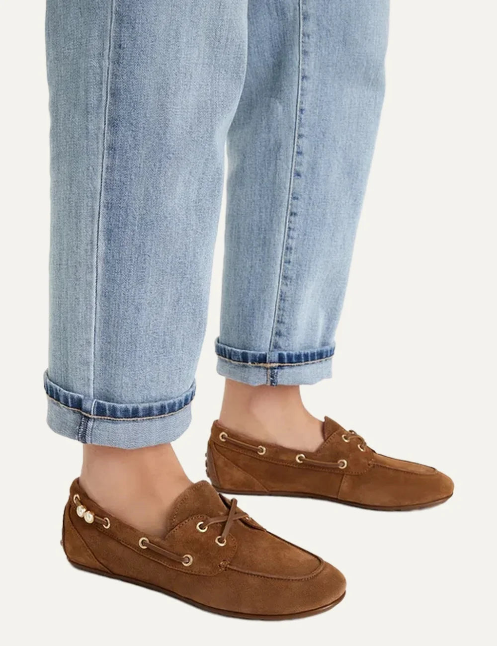Karl Lagerfeld women mid brown suede loafers with gold tone metal details and laces model