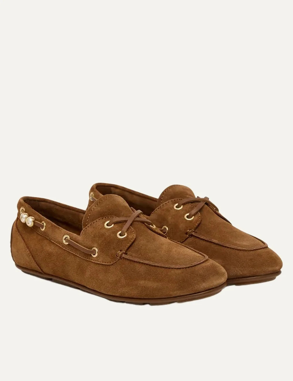 Karl Lagerfeld women mid brown suede loafers with gold tone metal details and laces angled