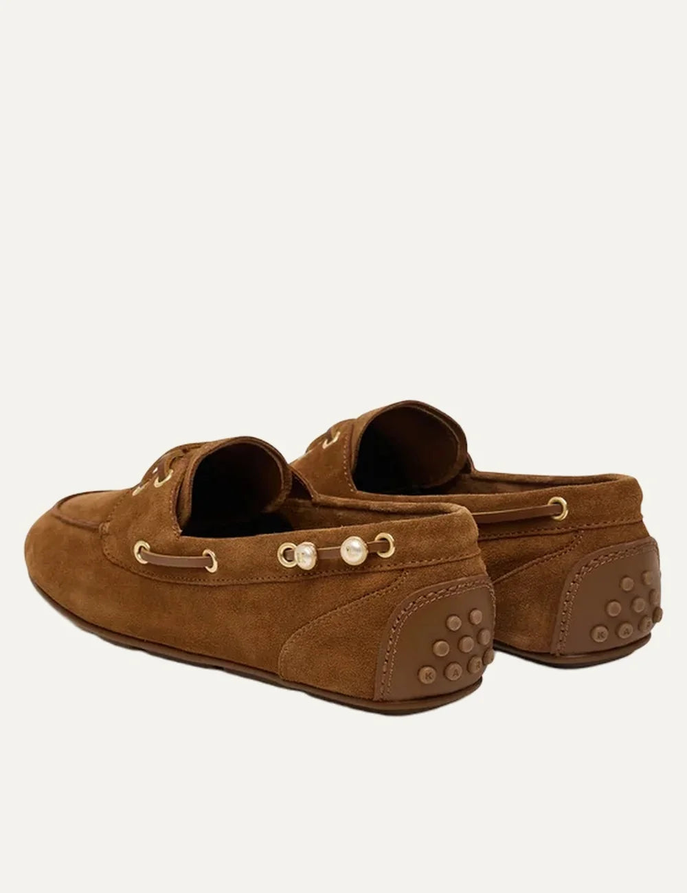 Karl Lagerfeld women mid brown suede loafers with gold tone metal details and laces back