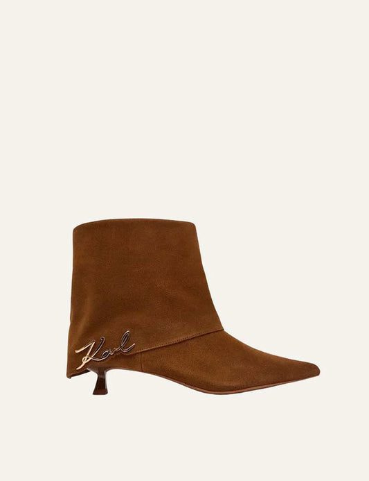Karl Lagerfeld women mid brown suede ankle boots with pointed toe low heel and Karl Signature logo