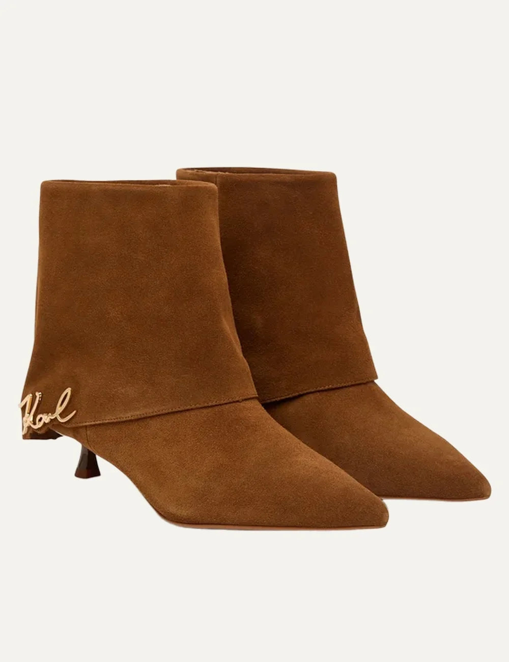 Karl Lagerfeld women mid brown suede ankle boots with pointed toe low heel and Karl Signature logo profile