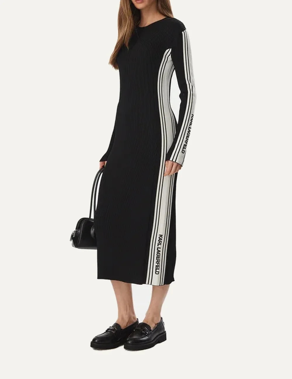 Karl Lagerfeld women's black ribbed knit midi dress with slim fit, long sleeves, white side stripes and logo detailing side