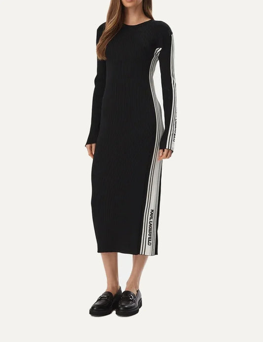 Karl Lagerfeld women's black ribbed knit midi dress with slim fit, long sleeves, white side stripes and logo detailing.