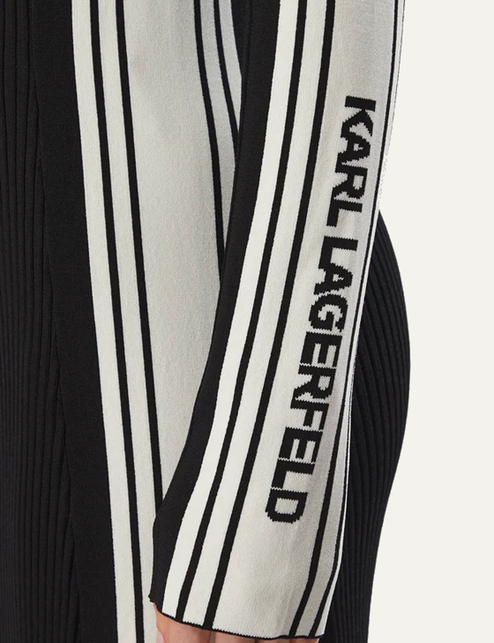 Karl Lagerfeld women's black ribbed knit midi dress with slim fit, long sleeves, white side stripes and logo detailing detail logo