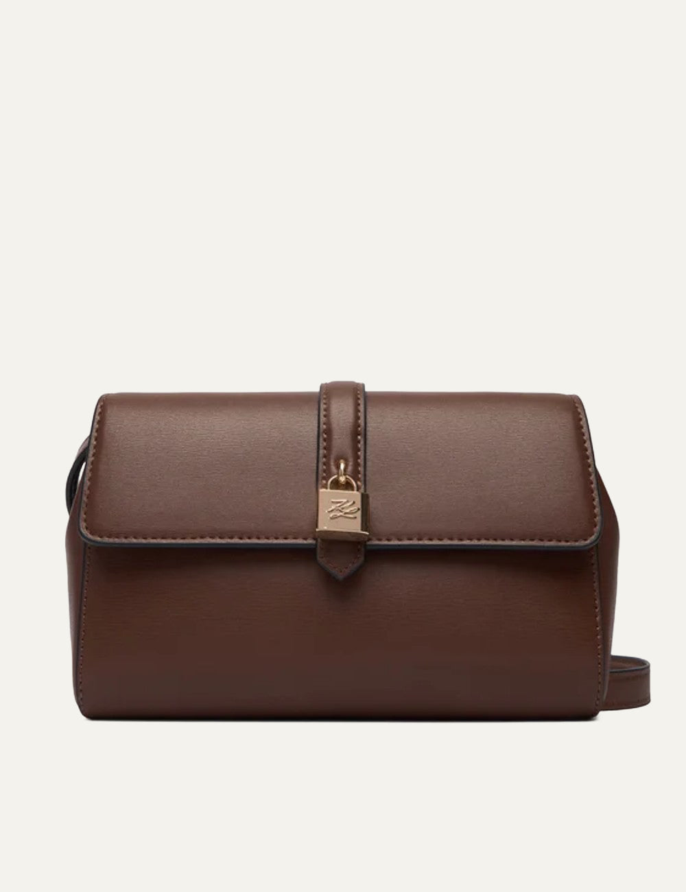Karl Lagerfeld brown leather crossbody bag front flap με χρυσό padlock logo