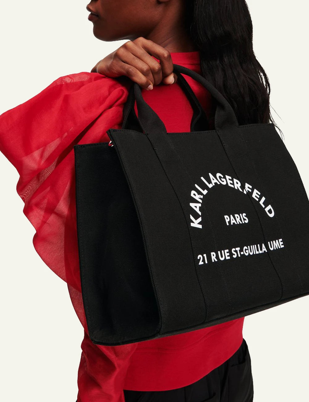 Karl Lagerfeld 240W3892999 square medium tote black logo front model view