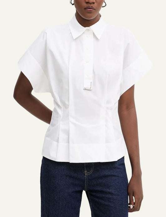 Karl Lagerfeld white metal detail shirt short sleeves tailored waist front view