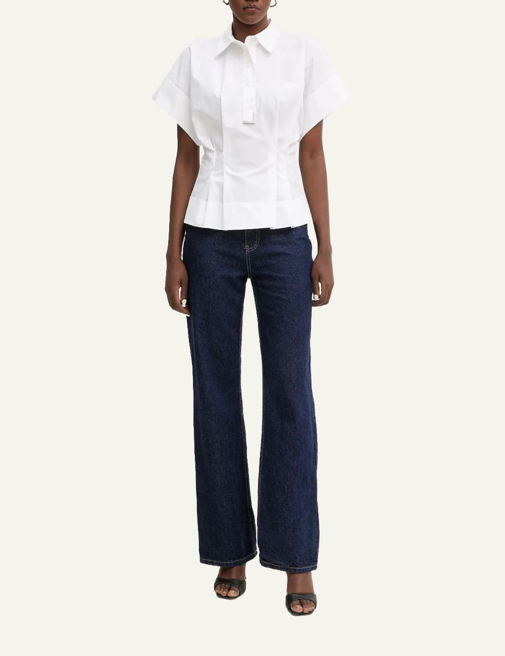 Karl Lagerfeld white metal detail shirt short sleeves tailored waist front model view