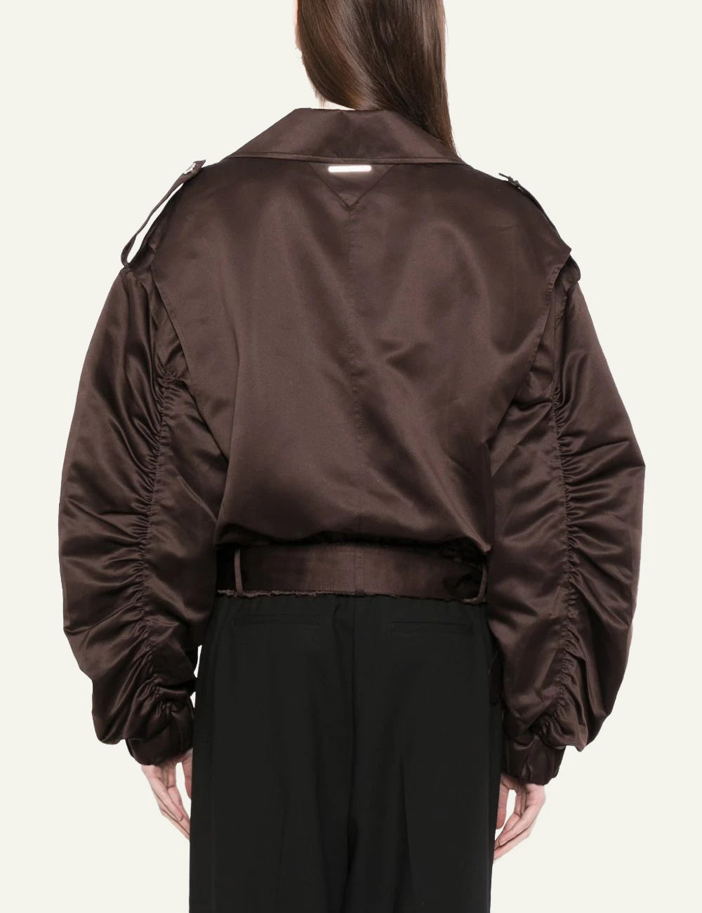 Karl Lagerfeld satin biker jacket coffee brown belted hem back view